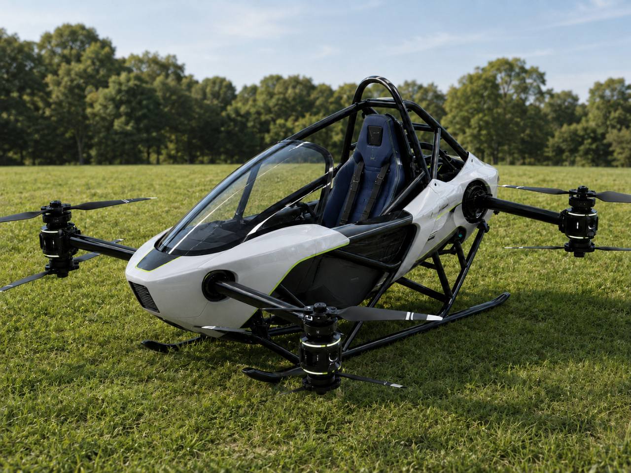 CIITCA luxury four-axis personal eVTOL with numbered callouts for propulsion, arms, safety frame, cockpit, body panels, and landing skids